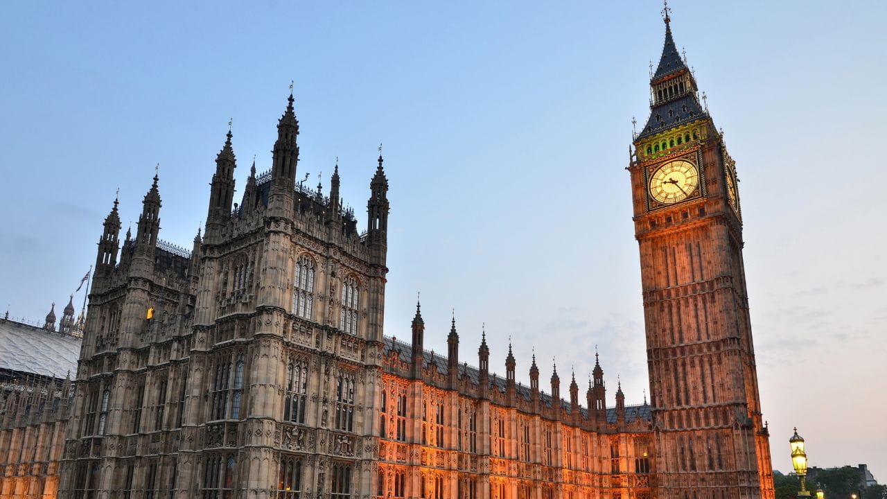 Exterior shot of the Houses of Parliament in London.
